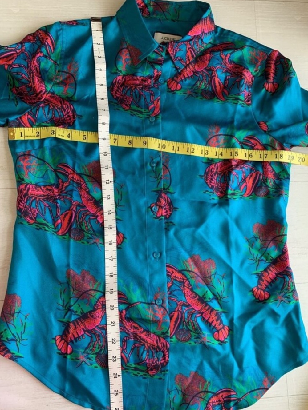 J. Crew Turquoise Blue Silk Lobster-Print Button-Down Shirt - Picture 2 of 5